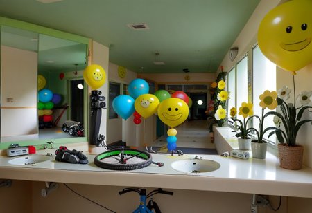gradient, short sleeves, a bunch of balloons with smiley faces on them, power lines, a room with a green circular table and a flower arrangement, reflection, a bike and a desk, close-up, bathroom, bicycle, ground vehicle
