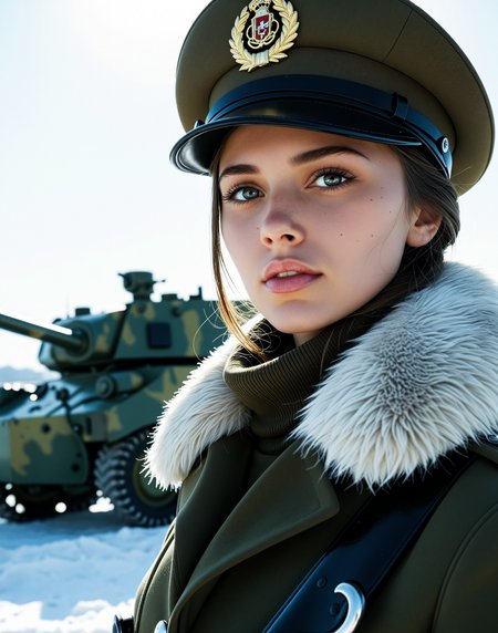 HDR, 8K, high contrast, masterpiece, best quality, amazing quality, very aesthetic, high resolution, ultra-detailed,
masterpiece, best quality, high score, great score, absurdres, (limited palette:1.1), flat colors, flat color,
1girl, solo, upper body, looking at viewer,  winter, snow, fur trim, military uniform, military hat, on tank, military vehicle, cannon.
((detailed skin texture)),
<lora:add-detail-xl:1> <lora:aesthetic:1> aesthetic <lora:great_lighting:0.8> great lighting <lora:epiC35mm:1.2> epiC35mm
<lora:perfect-eyes:0.8> perfecteyes,
<lora:dmd2_sdxl_4step_lora_fp16:0.8> <lora:MJ52_v2.0:1>  <lora:FuturisticInteriorStyle:1> Jed-FutInt, Futuristic