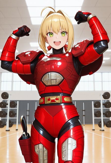 1girl, solo, R3ddle, armor, red armor, bodysuit, shoulder pad, gloves, belt, holster, shiny clothes,(nero claudius (fate):0.9), blonde hair, green eyes, flexing, looking at veiwer, smile, open mouth, covered neck, black neck, cowboy shot,
indoors, gym,
best quality, very aesthetic, masterpiece,