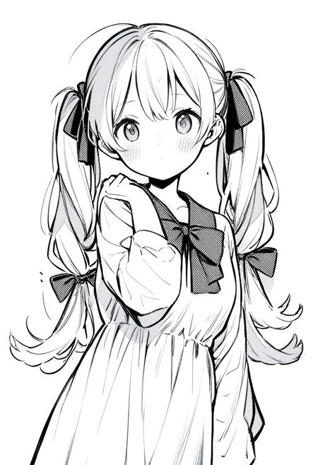 1girl, greyscale, solo, monochrome, twintails, simple background, long hair, looking at viewer, ribbon, white background, blush, hair ribbon,
kzit,