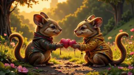 two cute animals sharing tiny heart-shaped tokens on Valentine's Day beautiful  landscape, golden hour, woman, very intricate, very detailed, sharp, bright, colorful, <lora:Hand v2:0.5> <lora:Anti-Blur:1><lora:Insane Detail Slider:0.25>  <lora:flux.1_lora_flyway_Epic-detail_v2:0.3> <lora:fluxenhancer:0.25> <lora:ck-Neon-Retrowave:0.4> ck-rw, in the style of ck-rw,  <lora:Neurocore Anime Cyberpunk:0.8> A digital artwork in the style of cknc