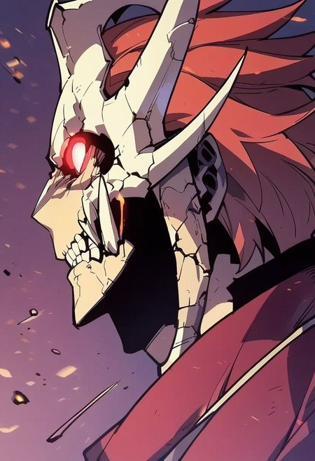 score_9,score_8_up,score_7_up,score_6_up, easynegative, Magnus_PS, red eyes, no humans, 1boy, from side, glowing eyes, skull, male focus, epiCPhoto