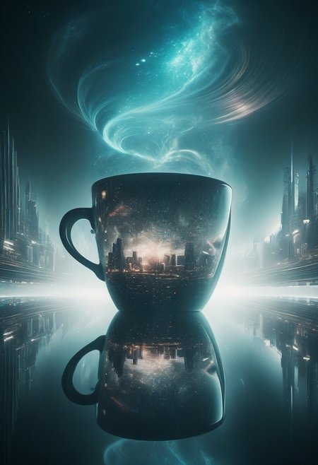aidmaimageupgrader, Jeddblexpsre, double exposure, Create a double exposure composition that combines eerie Giger themes with surreal, dream-like imagery.  Imagine a cosmic nebula swirling within a coffee cup, its ethereal light illuminating a hidden, crystalline city built on a colossal,  ancient spaceship. The city's towers, made of shimmering, bioluminescent materials, reach towards the nebula, their reflections dancing on the surface of the coffee.