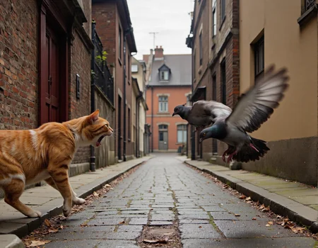 <lora:funnys:1>, This is a high-resolution photograph capturing a dynamic and humorous moment between a ginger tabby cat and a pigeon. The cat, with its fur standing on end and mouth open in a mid-bark, appears to be chasing the pigeon, which is mid-flight with its wings fully extended and its legs spread wide. The cat's eyes are wide and its ears are pricked up, adding to the intensity of the scene. The cat is positioned on the left side of the image, slightly out of focus, while the pigeon is in the foreground, sharply focused., 
The background features a narrow, paved alleyway with a cobblestone texture, lined with buildings. On the right side of the alley, there is a beige-colored building with a dark roof and a hint of greenery. On the left side, there is a brick building with a red door and a window with a white frame. The ground is wet, suggesting recent rain, and there are scattered leaves and small patches of grass adding to the natural setting. The overall mood of the image is playful and energetic, with vibrant colors and sharp contrasts that highlight the action and movement.