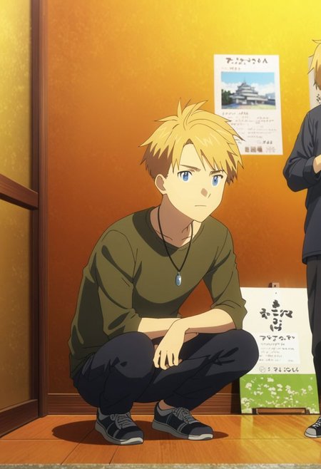high resolution, professional photography, best quality, 1Boy, Yamato Ishida, blond hair, deep blue eyes, necklace, lofi, candid, squat, depth of field, photo model, looking at viewer, OverallDetail