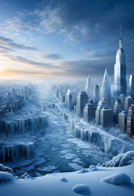 (masterpiece),
a landscape of New York frozen,
new ice age,  dim light, snow , ice, below zero, 
fantasy, everything is frozen,