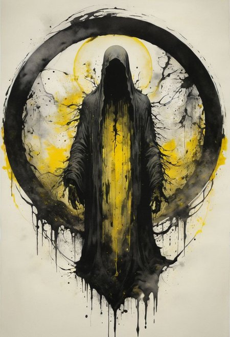 ral-ertmsphr otclillsn carcosa city, religion, blood flows, dramatic movement, black and yellow, a Vintage god inside of circle, looking curious, By YMji Shinkawa