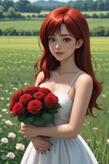 a girl with red hair and a large bouquet of roses, a happy sunny day, a field of flowers