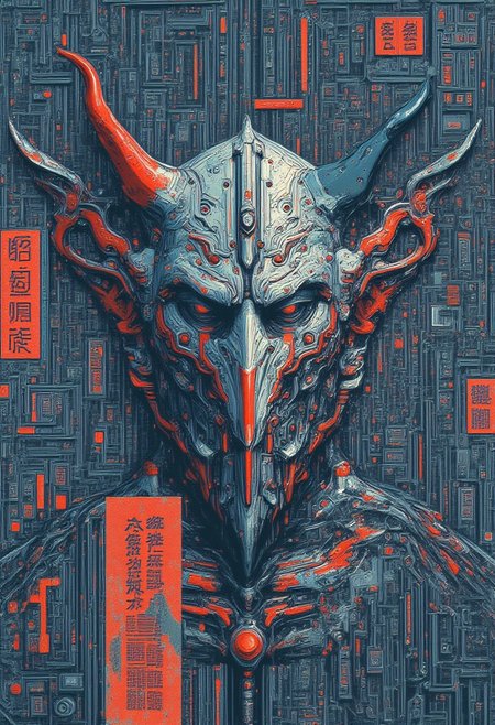 An illustrated image of a cybernetic mask with horns. 
lot of gray colors, blue colors, little of red colors, very little of pink colors