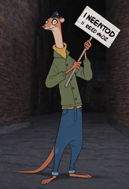 21st century london city background, Solo, male, 39 years old, full body, Templeton, weasel, anthro, civilian, british casual clothing, cap, sweater, Backer harrington jacket, jeans, holding sign, buzz, holding a sign that says "i need a more buzz", need_buzz, holding sign,