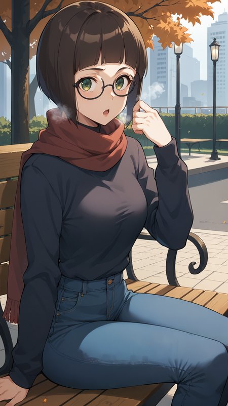 score_9,score_8_up,score_7_up,score_6_up, source_anime, girl, sitting, dynamic pose, <lora:Chosaka - Pony-000004:0.9>, short hair, dark brown hair, bob cut, green eyes, round glasses, turtleneck sweater, jeans, city park, autumn, bench, cold, visible breath, upper body, rimless glasses, scarf,