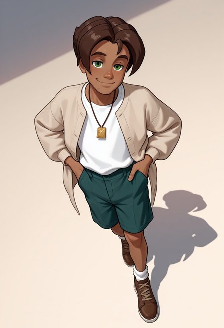 masterpiece, absurdres, high quality, perfect anatomy, 1boy, solo, cute boy, male focus, Presley, Dark Skin, Brown Hair, Green Eyes, Necklace, White Shirt, Tan Jacket, Green Shorts, Brown Shoes, smug smile, cinematic, intricately detailed illustration, depth of field, masterpiece, best quality, amazing quality, very aesthetic, absurdres, newest, very awa,  shadow, dynamic angle, casual cosplay, dynamic pose, simple background,