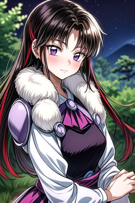 masterpiece,  best quality 1girl Setsun4 solo long hair,  (night time) forest background black hair very long hair purple eyes multicolored hair armor (fur trim) (medium body),<lora:EMS-179-EMS:0.800000>,<lora:EMS-293862-EMS:0.800000> bow, hair_bow, hair_tubes, red_bow, brown_hair, long_hair, bangs, ascot, frilled_bow, yellow_ascot, blush, smile, hair_between_eyes, athletic, armor, miko