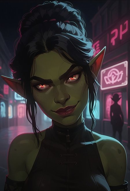 score_9, score_8_up, score_7_up, score_6_up, aesthetic ,  thief, goblin, (green skin:1.3), outdoors, city street, night, neon signs, solo,  dutch angle,  g0thicPXL,  (big lips:0.6),  portrait, large breasts, smug, smirk, skinny, pov,  (shortstack:0.6),  updo hair