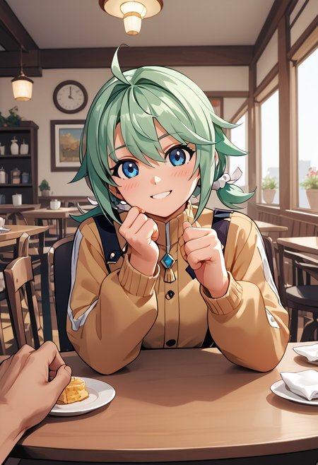 score_4,score_5,score_6,score_7_up,score_8_up,score_9 ((masterpiece,best quality,ultra detailed,highres,HD,4k:1.2))
oekaki,jaggy lines,
1 girl,solo,girl forcus,solo forcus, 
Lola(Healing),blue eyes,green hair, short hair,  low twintails, hair between eyes, bangs, 
pov date,across table pov,across table,sitting,
indoor, cafe, pov date, across table pov, across table, sitting, hand, right_hand, right_hand fist, right_hand touching face, left_hand, left_hand on table, left_hand placed horizontal,
happy,smile,blush,
