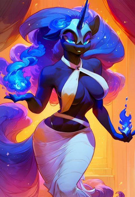 score_9, score_8_up, score_8, score_9, score_8_up, score_7_up, score_6_up, helios-geo, erotic group, 1girl,  Nightmare_Moon \(mlp\),  (anthro pony:1.1), sexy regal  dress, sexually aroused, smug, Royal bedroom room, tail, huge perky breasts, blue fire, fire aura, skimpy clothes, Royal chambers