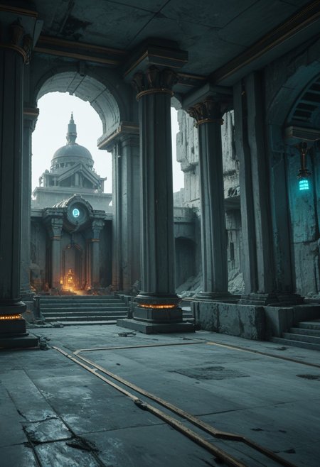 score_9, score_8_up, score_8, 
cyberpunk, Albrecht, no humans, 
temple, scenery, ruins, column, gate, gold ornament, 
glowing, cyberpunk lab, blue glow,