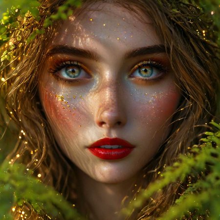 A hidden clearing, moss-draped forest, pulsed, otherworldly glow light. A bonfire, branches of rowan, (dancing shadows:1.2),  whirlwind of violet and gold, surprised look on her face, detailed green/blue eyes, (red lipstick with brown tones) (detailed face:1.2), (golden glitter:1.2), hair mixed with leaves