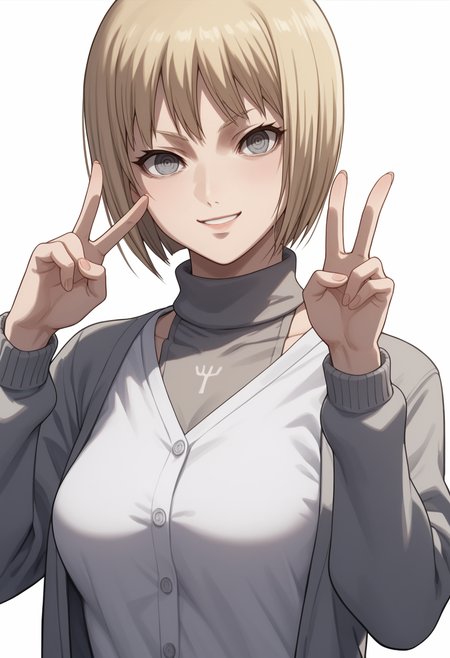 score_9, score_8_up, score_7_up, source_anime, BREAK white background, 1girl, solo, upper body,  <lora:DX888Clare:1>clare,  turtleneck sweater,  grey eyes, medium breasts, (cardigan:1.2), v pose, light smile,