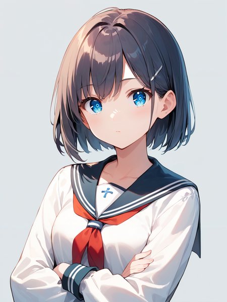 score_9, score_8_up, score_7_up,source_anime, high res image,masterpiece,best quality,(girl:1.3),cute face,clear skin,shiny hair,ultra detailed eyes,simple background,  <lora:crossed arms_pony_V1.0:0.7> crossed arms,serafuku