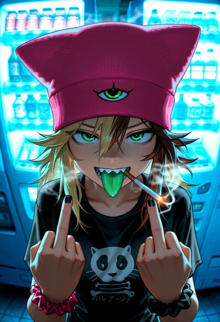 HDR, 8K, high contrast, masterpiece, best quality, amazing quality, very aesthetic, high resolution, ultra-detailed, absurdres, newest, scenery, (horikoshi kouhei:0.3), (quasarcake:0.3), (wlop:0.3), foreshortening, close up, solo, upper body, brokie-shteppi, 1girl, green eyes, sanpaku, blonde hair, brown hair, (multicolored hair), hair between eyes, sharp teeth, green tongue, tongue out, pink beanie, animal hat, piercing, t-shirt, black nail polish, wrist scrunchie, cigarette in mouth, open mouth, double middle finger, shop, vending machine, (bokeh:1.1), fog, smoke, BREAK, photorealistic, beautiful detailed eyes, detailed skin, detailed hair, volumetric lighting, dappled light, light particles, dramatic shadows, cinematic lighting, photo background, depth of field, <lora:IL\KMS_Brokie-Shteppi:0.8>