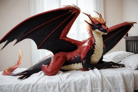 score_9, score_8_up, score_7_up, score_6_up, source_furry, masterpiece, high quality, realistic, photorealistic, detailed, best quality,
1girl, solo, bedroom, smiling, seductive, looking at viewer, lying on bed,
 <lora:Pyrrah_pony_V1:0.8>  pyrrah, dragon, horns, wings, tail, scales, scalie, red scales,black scales, black wings,