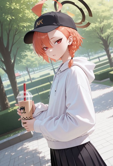 masterpiece, best quality, newest, very awa, looking at viewer,
 <lora:Neru illu:1> 1girl, halo, mole under eye, red eyes, orange hair, single braid, ahoge, short hair, huge ahoge, asymmetrical bangs
baseball cap, black cap, white hoodie, hood down, long sleeves, black skirt, holding bubble tea, outdoors, park, dutch angle, looking to the side, parted lips