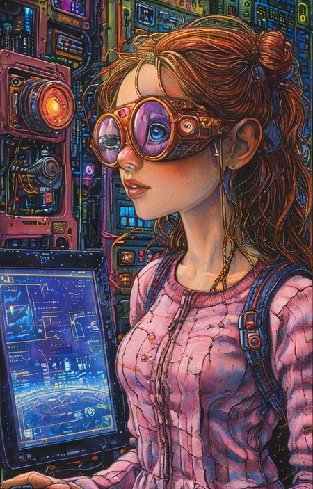 masterpiece,best quality,<lora:tbh179-sdxl:0.9>,illustration,style of David Welker, tech genius teenage girl