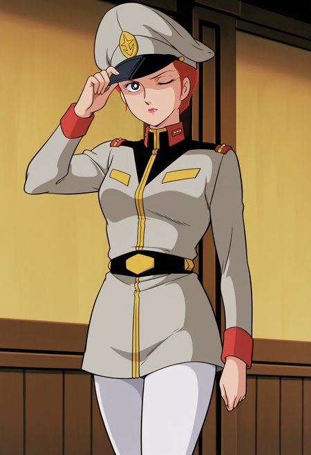 1girl,solo,mm,mature female,red hair,short hair,black eyes,lipstick,retro artstyle,anime coloring,
uniform,military uniform,hat,peaked cap,belt,white pants,hand on headwear ,one eye closed,looking at viewer, serious, indoors
,masterpiece,best quality,amazing quality,<lora:Matilda_Ajan-Mobile_Suit_Gundam-1979:0.8>