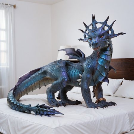 score_9, score_8_up, score_7_up, score_6_up, score_5_up, score_4_up, masterpiece, high quality, realistic, detailed, best quality, white bed, solo, rating_safe, source_furry, bedroom, smiling, seductive, looking at viewer, on bed, full body, close up, queen_narissa, dragon, blue scales, wings, tail, tail end, claws, female, 1girl, red eyes, feral