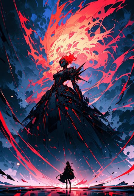 ((masterpiece, best quality, extremely detailed, absurdres)),(fantasic illustration, dynamic lighting). 
1girl, a beautiful woman leaps off her enormous flaming robot, artistic use of contrasting colours and brightness, beautiful face, (guarded by her giant robot:1.2),storm clouds gather overhead, deep rich colours contrasts against the dull beiges and greys of the background, full body, futuristic dress, <lora:flat2:-1.8>, 8k, very fine detail, ((cinematic composition and lighting)), focus on the woman. Gold leaf highlights.