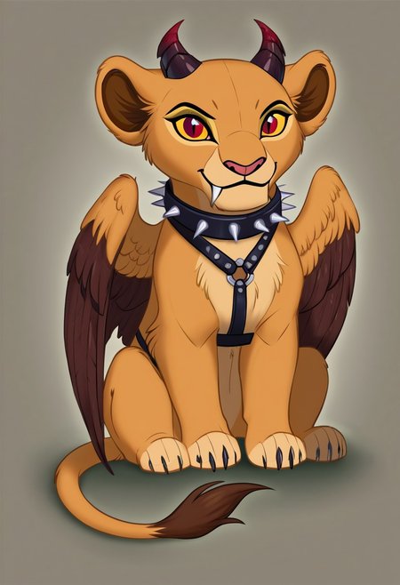 the lion king, lioness, Chibi, Chibi Body, Chibi Art Style abyss monster, lioness, female, feral, sitting, black smooth fur, webbed wings, claws, horns, red eyes, feline body, fangs, leather harness, full body, spiked collar, Detailed body fur,  a three-quarter view, masterpiece