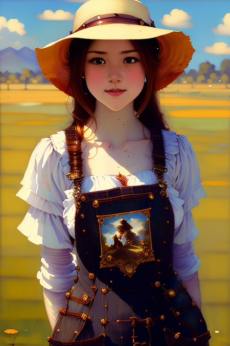a painting of a  farmer wearing overalls,  red hair, straw hat  evocative pose , Feminine , Detailed Pupils , smirk , Look at Viewer , Intricate , High Detail , sharp, art by onche_ondulay