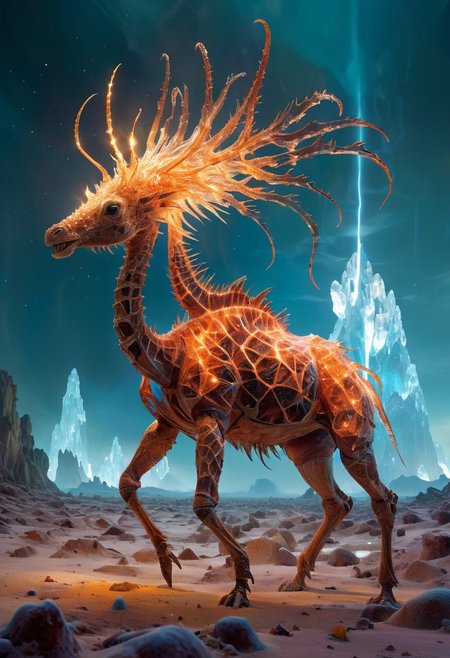 white desert oasis, salty earth, hyper detailed,  rusty, striking, animalistic, bite-sized, by Floris van Schooten  and by richard avedon, famous artwork inspired by (beeple:1.3) and (cliff nielsen:1.4), crystalline, fractal art, fantasy style, this peculiar life form, the "inquisitive plerkblortz" hides in the gnarling dense crystal jungles of the puffalorpled exoplanet "gazorpazorp secundus", covered in a metallic exoskeleton it ambushes its prey with (long crystalline appendages:1.4), dark, shadows, black, shadow hues, highly artistic, highly painterly, harmonic colors, expressive, ultimate aesthetic level, visible brushstrokes, masterclass artistry, vibrant energy, apocalyptic mood, atmospheric haze and dense fog, strong winds,  highly aesthetic, otherworldly, limited palette,  faded colors, washed out colors, extremely dark, extremely low key lighting, dark shadows, perfect composition, full panoramic shot translucent, transparent, glowneon, glowing, sparks, lightning