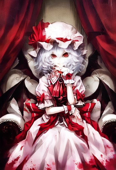 1girl, remilia scarlet, solo, hat, wings, bat wings, red eyes, sitting, wrist cuffs, looking at viewer, short hair, dress, smile, jewelry, ribbon, blood, ascot, brooch, hat ribbon, mob cap, curtains, chair, short sleeves, puffy sleeves <lora:banpaiAkiraOSXL_NBVP1_lokr_V6311P:0.95>