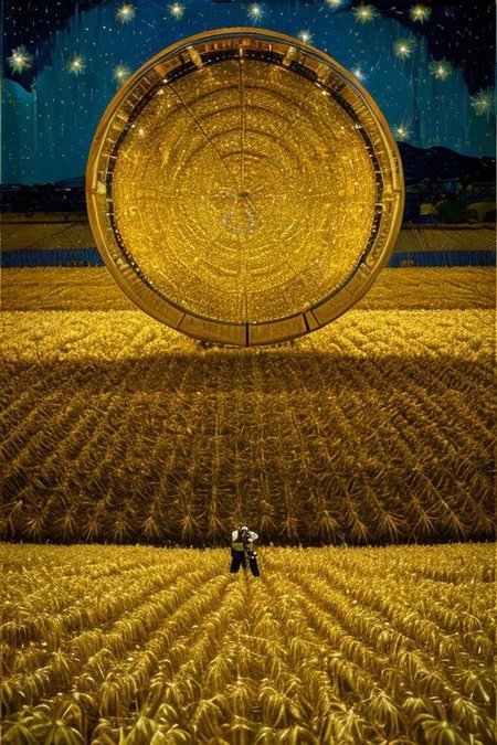 An astronaut in a golden wheat field at night, looking up at a starry night (in the style of Vincent van Gogh)