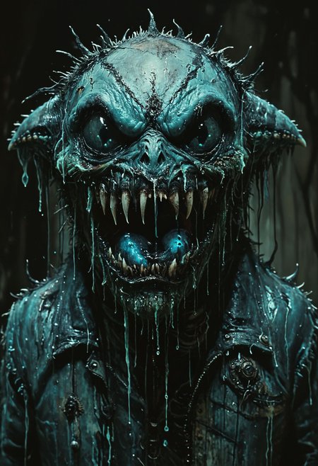 Grotesque creature with venomous, dripping fangs, Spotlighting, <lora:Melting_world:0.8>, <lora:Bio-Luminescence:0.8> bioluminescent, glowing