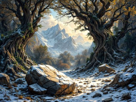 (ruins, broken, snow, dappled sunlight:1.2), sun, tree, forest, scenery, rock, reflection, ancient, overgrown, mountains, sunset, clouds, mountainous horizon, fantasy, medieval, 1other, looking away (masterpiece, exceptional, best aesthetic, best quality, masterpiece, extremely detailed:1.2), in the style of umempart