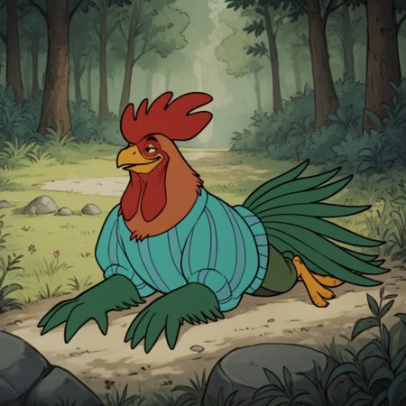 score_9, score_8_up, score_7_up, score_6_up, score_5_up, score_4_up, source_furry, Alan-A-DaleRH, semi-anthro, male, rooster, bird, feathers, green winged arms,striped shirt, puffy sleeves, green pants,, green tail, brown body, outside, lying, on a rock, in a forest, solo, 1boy,  red hair