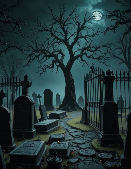 A dark and eerie cemetery shrouded in mist, with ancient, weathered tombstones covered in moss. The scene is dimly lit by a pale, ghostly moonlight filtering through twisted, leafless trees. Cracked stone pathways lead through the graveyard, partially hidden by overgrown grass and creeping ivy. A few old, gothic-style mausoleums stand in the background, their iron gates slightly ajar, adding to the mysterious and haunting atmosphere. Wisps of fog swirl around the gravestones, enhancing the eerie mood. The overall color palette consists of deep blues, grays, and muted greens, creating a cold and unsettling ambiance. The image is highly detailed and photorealistic, capturing the textures of the aged stone, the fogâs movement, and the ominous shadows stretching across the ground. 
<lora:SDXLFaeTastic2400:0.4> <lora:extremely_detailed:0.4> extremely detailed,<lora:33r13_c3m3t3ry-ill:1>,33r13 c3m3t3ry, Masterpiece,best quality,hi res,8k,hi res,8k,award winning,(sharp focus, intricate, highly detailed),