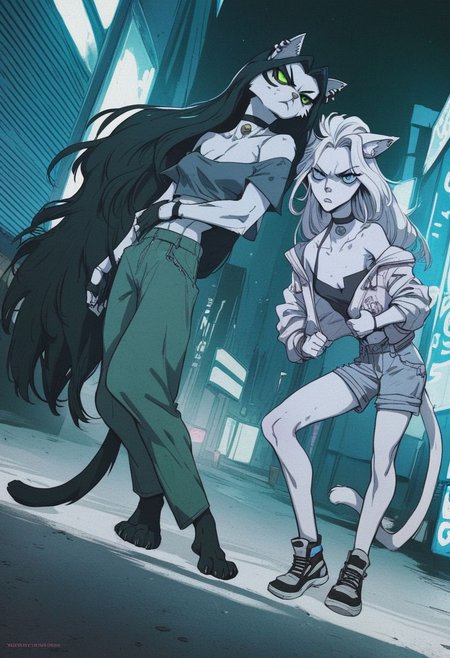 score_9, score_8_up, score_7_up, (cat girls), dystopian cyberpunk future, two street gangs hissing at each other, group picture, anthro, skinny, buff, ready for a fight, holding a weapons, fierce and raging, long hair, choker, oversized street clothes, ear piercings, dutch angle, alternate hairstyles, growling,
highly detailed masterpiece