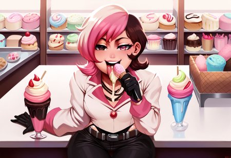 core_9,score_8_up,score_7_up,score_6_up, 2d,
jlullaby, (1girl:1.5), shiny skin,
neopolitandef, pink, brown, two tone hair, two tone eyes, necklace, white jacket, leotard, black gloves, black pants, belt,
indoor, ice cream shop, table, sitting, ice cream, sunny,
pov, front view,
licking ice cream, tongue,