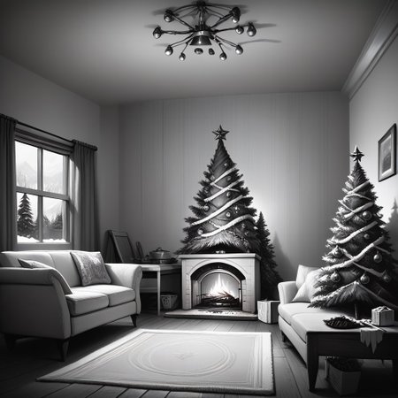 score_9, score_8_up, score_7_up, llbreton, monochrome, greyscale, chrlib, scenery, indoors, living room, night, oven, christmas tree, christmas ornaments, masterpiece, best quality, highly detailed, sharp focus, dynamic lighting