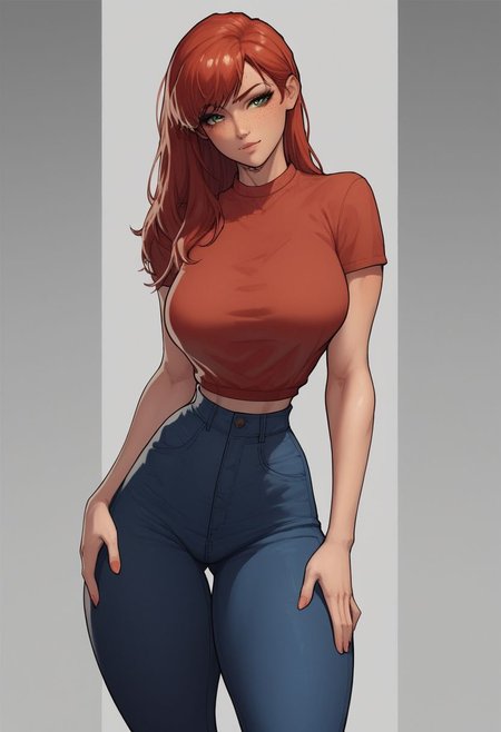 score_9, score_8_up, score_8, rating_explicit,  (((fully clothed))),  very tall girl, slim build, mary jane Watson, long red hair, freckles, green eyes, narrow model body, sexy, cropped oversize top, massive breasts, narrow waist, wide hips,