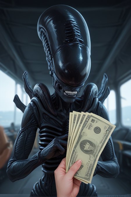 score_9, score_8_up, score_7_up,film photography,
35mm vintage photo,
pov, holding money, looking at viewer,xenomorph, alien (franchise), female,rating_questionable,
best quality, masterpiece, realistic,hyper-detailed,depth of field,
<lora:sdxl_lightning_8step_lora:1>,
 <lora:POV_holding_money:1> <lora:xenomorph_pdxl:1>