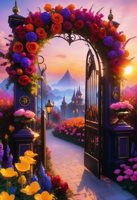 sunrise shines,landscape of a reij-ebsu gate,retro sci fi steampunk, fire <lora:ebony sunset-000001:1>, empty place, the gate surrounded by flowers is made of pam-flwr <lora:SDXL_FLOWER_STYLE:0.9>, a reij-mg outdoor room, neon light <lora:reij-moderngothic:0.8>, landscape of a (Station Square:1.2) , very Cluttered, Sketched, Light and shadow plays, F/1.8, vintage, futuristic, epic, magical, perfect composition, fabulous colors, aesthetic, full color