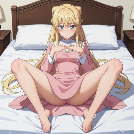 score_9, score_8_up, score_7_up, source_anime, rating_safe, intricate details, anime screencap, official style, 1girl, solo, <lora:Laura_Stuart:1>, laura, blonde hair, blue eyes, very long hair, pink dress, looking at viewer, five fingers, barefeet, blush, embarrased, full body, lying on bed, feet, thighs, spread legs, five fingers, bed sheet, hands on chest