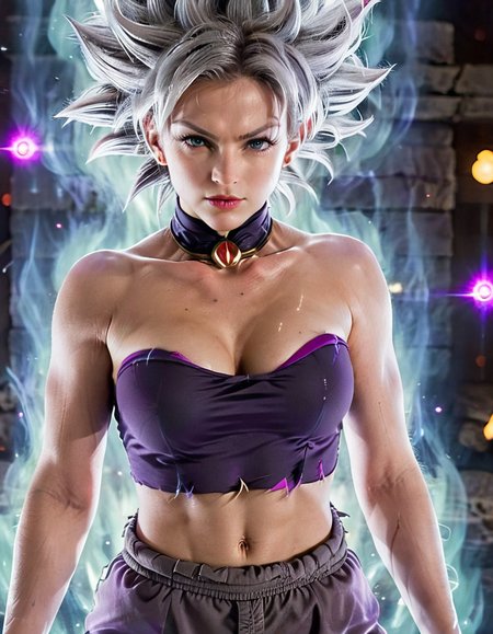 cinematic photo 1girl, aura, medium breasts, ultra instinct, torn clothes, torn pants, looking at viewer, purple pants, super saiyan, full body, navel, spiked hair, strapless, midriff, crop top, bare shoulders, collarbone, twitter username, floating, grey eyes, grey hair, tube top, beautiful, highly detailed, divine
 <lora:UltraInstinct-000007:.75>, , <lora:FILM_PHOTOGRAPHY_STYLE:0.25> . 35mm photograph, film, bokeh, professional, 4k, highly detailed
