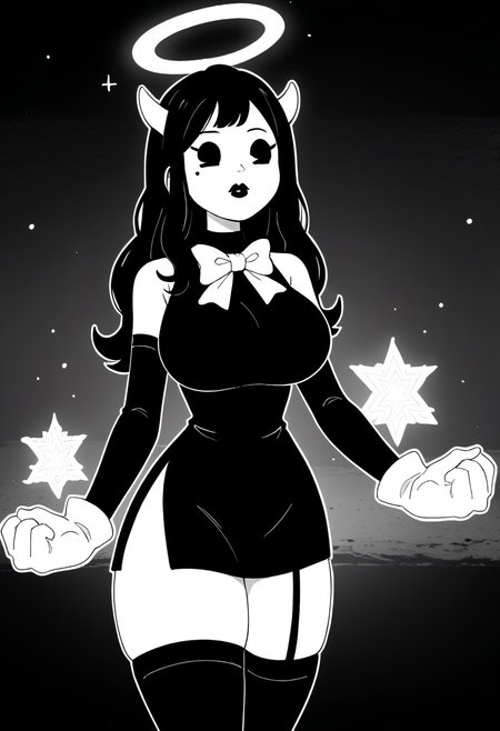 AliceAngelBATIM, 1girl, White horns, White halo, glowing halo, black eyes. Dot eyes, Black lipstick. White skin, black hair, long hair, beauty mark. Black and white. White bowtie, sleeveless, black sleeves, White gloves, black leg straps, Big Breasts. Sexy Christmas