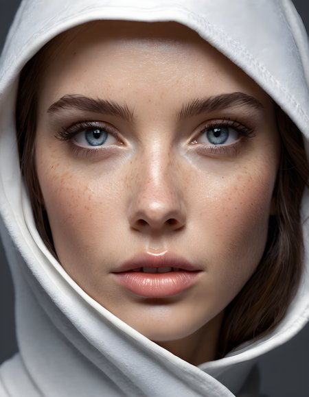 realistic skin texture, freckles, hasselblad H5D-50c, realistic photo of a beautiful woman using a cat hoodie, soft natural skin texture, 4k photo, macro headpiece, wearing a hoodie, elegant pattern, symmetrical face, high details, intricate details, by vincent di fate, artgerm julie bell beeple, 9 0 s, smooth gradients, volumetric lightning, high contrast, duo tone, depth